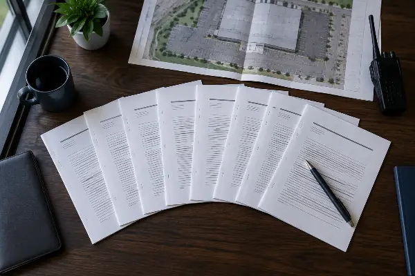Contract pages fanned out beside a site map and a set of gate keys