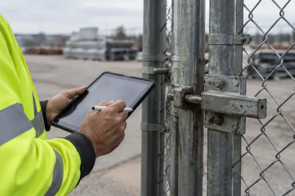 Inspecting a gate latch during a physical security risk assessment walkthrough