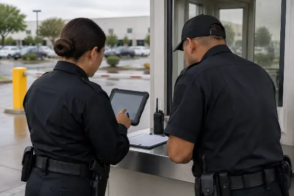 Security supervisor reviewing the shift assignment with an officer on post