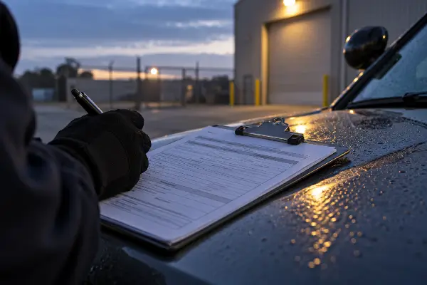 Printed security guard incident report form on a clipboard at a Houston commercial site