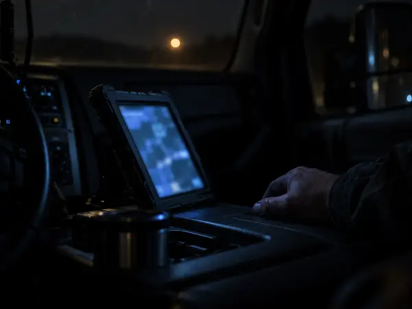 AI drafted security report on a tablet screen inside a patrol vehicle at night