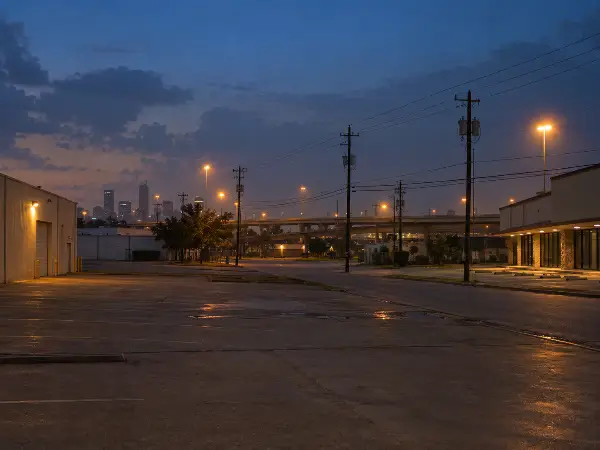 Houston commercial corridor at dusk where gunshot detection sensors were deployed