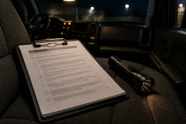 Post orders sheet clipped to a board beside a flashlight on a patrol vehicle seat