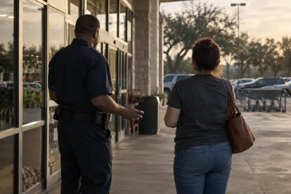 Security officer speaking with a person at a Houston retail entrance