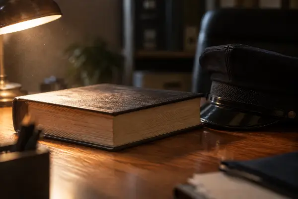 Texas statute volume beside a security officer duty cap