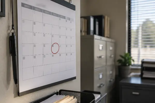 Wall calendar with a contract renewal deadline circled in a property management office