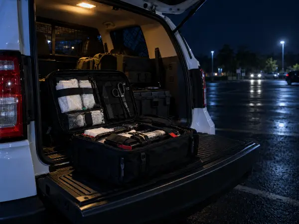 First aid kit in a security patrol vehicle