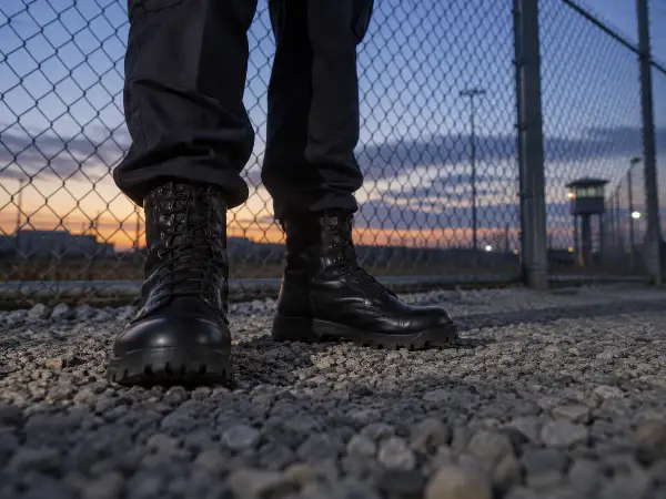 Security officer standing post at a site perimeter fence at dusk