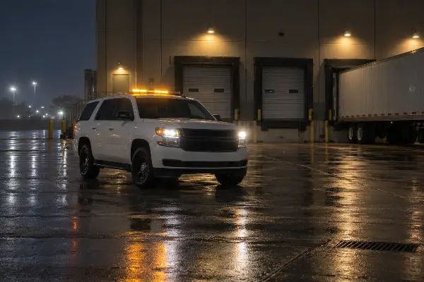 Marked security patrol vehicle at a Houston warehouse loading dock at night