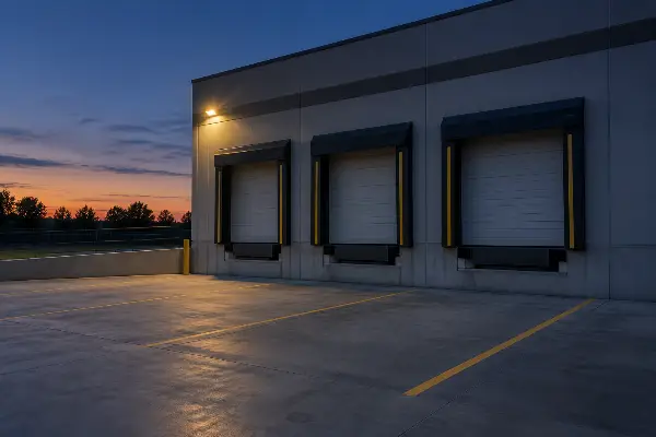 Warehouse loading dock doors closed at dusk before overnight hours