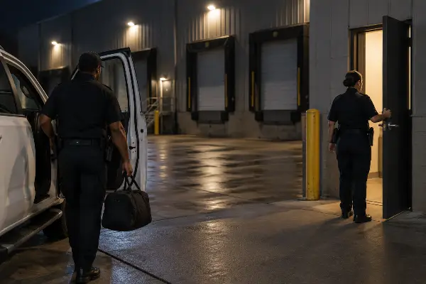 Relief officer arriving with a supervisor at a Houston warehouse dock post