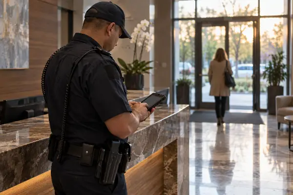 Security officer logging a refused bag check at a building entrance