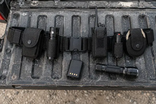 Security officer duty belt with flashlight, radio and pepper spray holster