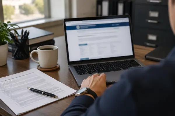Property manager checking a state security license record on a laptop before signing