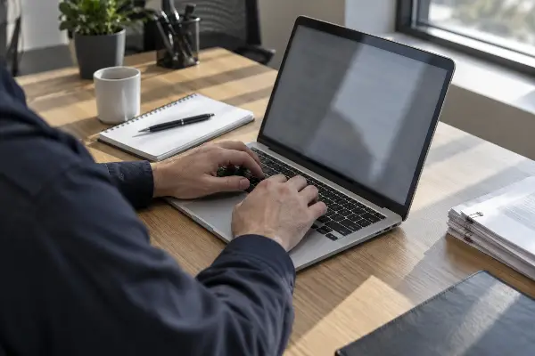 Looking up a Texas private security license on a laptop