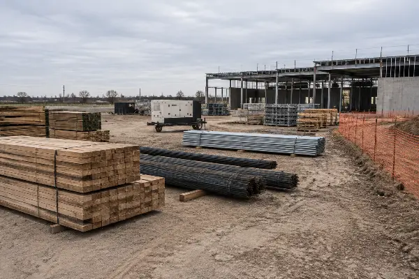 Construction laydown yard with stacked materials and temporary perimeter fencing