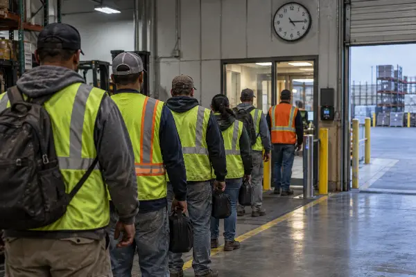 Workers waiting in line at an end of shift exit screening checkpoint