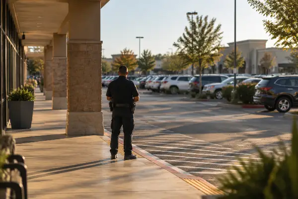 Officer positioned where the store exit path meets the parking lot