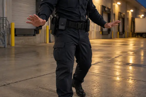 Security officer stepping back with open palms after an incident