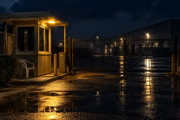 Empty guard post at a commercial gate at night with no officer on duty