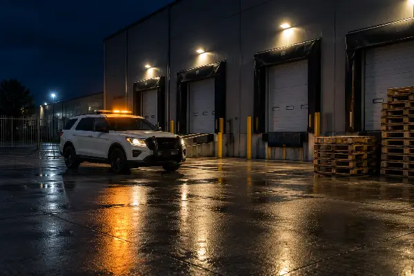 Marked security patrol vehicle parked at a Houston warehouse loading dock at night