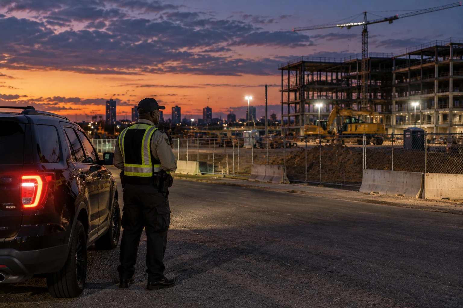 Security guard monitoring a Houston construction site perimeter after hours