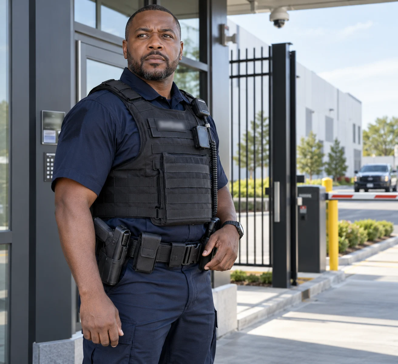 Armed security guard at a secured commercial entrance