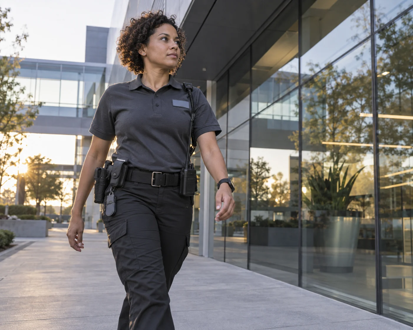 Security officer conducting a walking inspection around a business complex