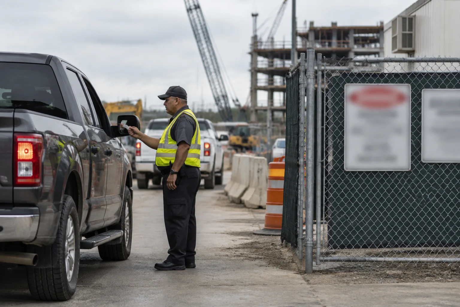 Security guard monitoring vehicles at a temporary construction access point