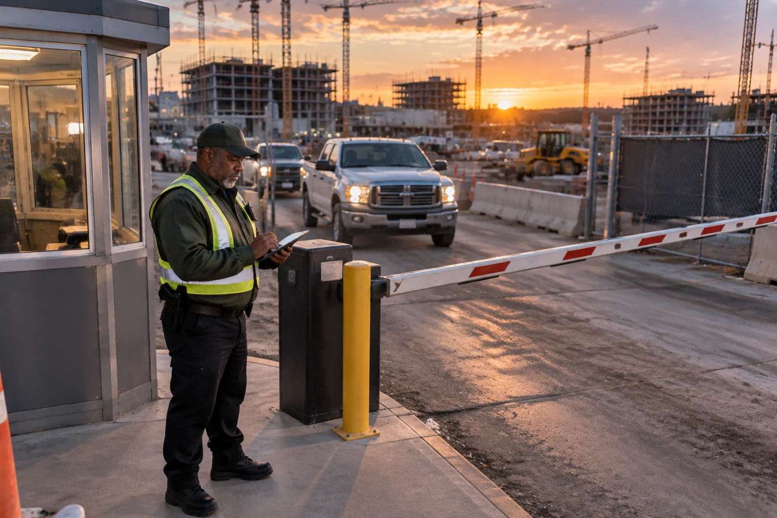 Construction Gate Guard Houston monitoring vehicles at a construction entrance