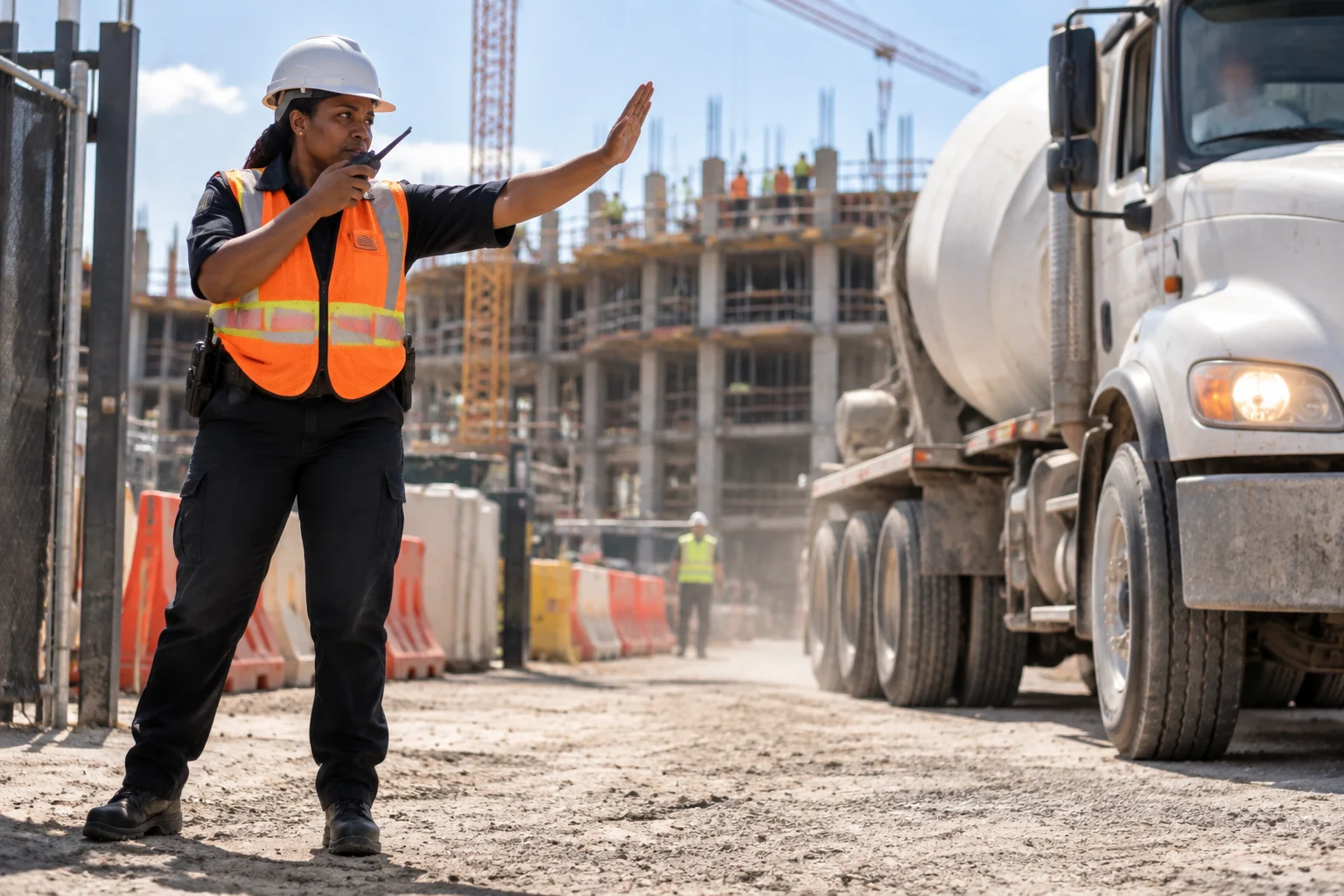 Construction gate guard directing a concrete truck into the site