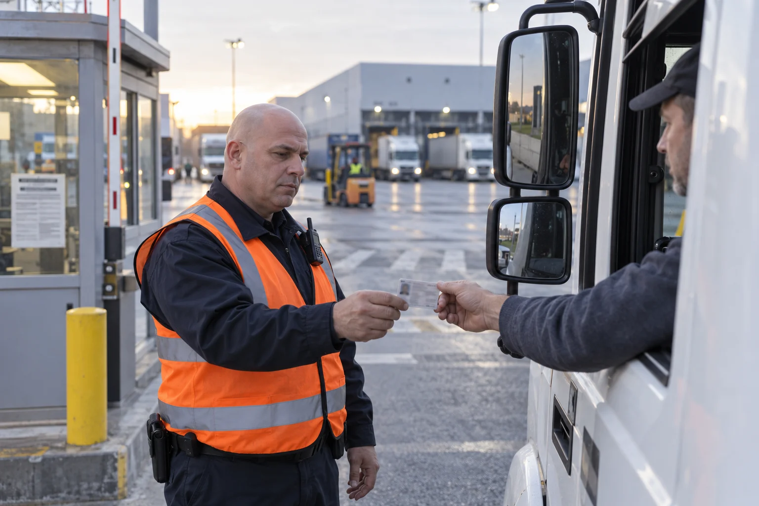 Logistics facility security guard checking a truck driver's identification at a warehouse entrance
