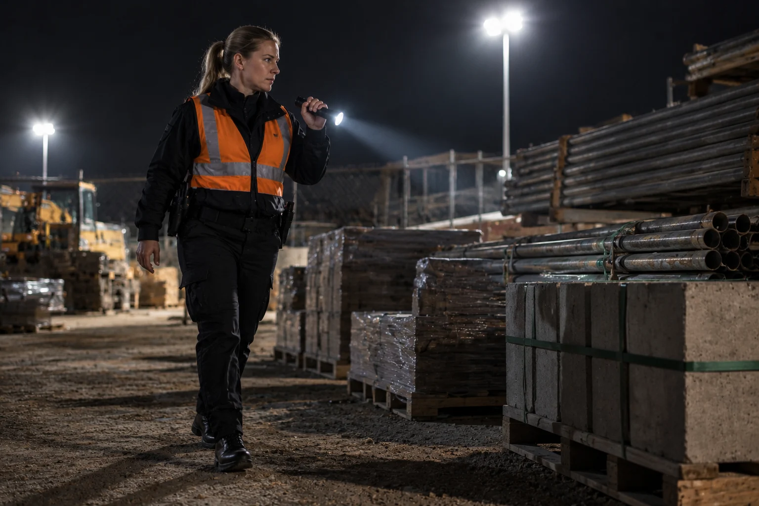 Security officer inspecting stored construction materials with a flashlight