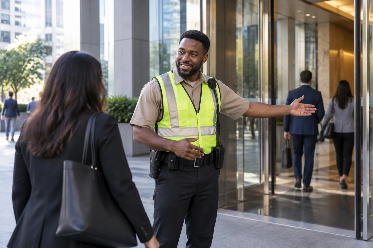 Business Security Guard Services professional assisting visitors at an office entrance