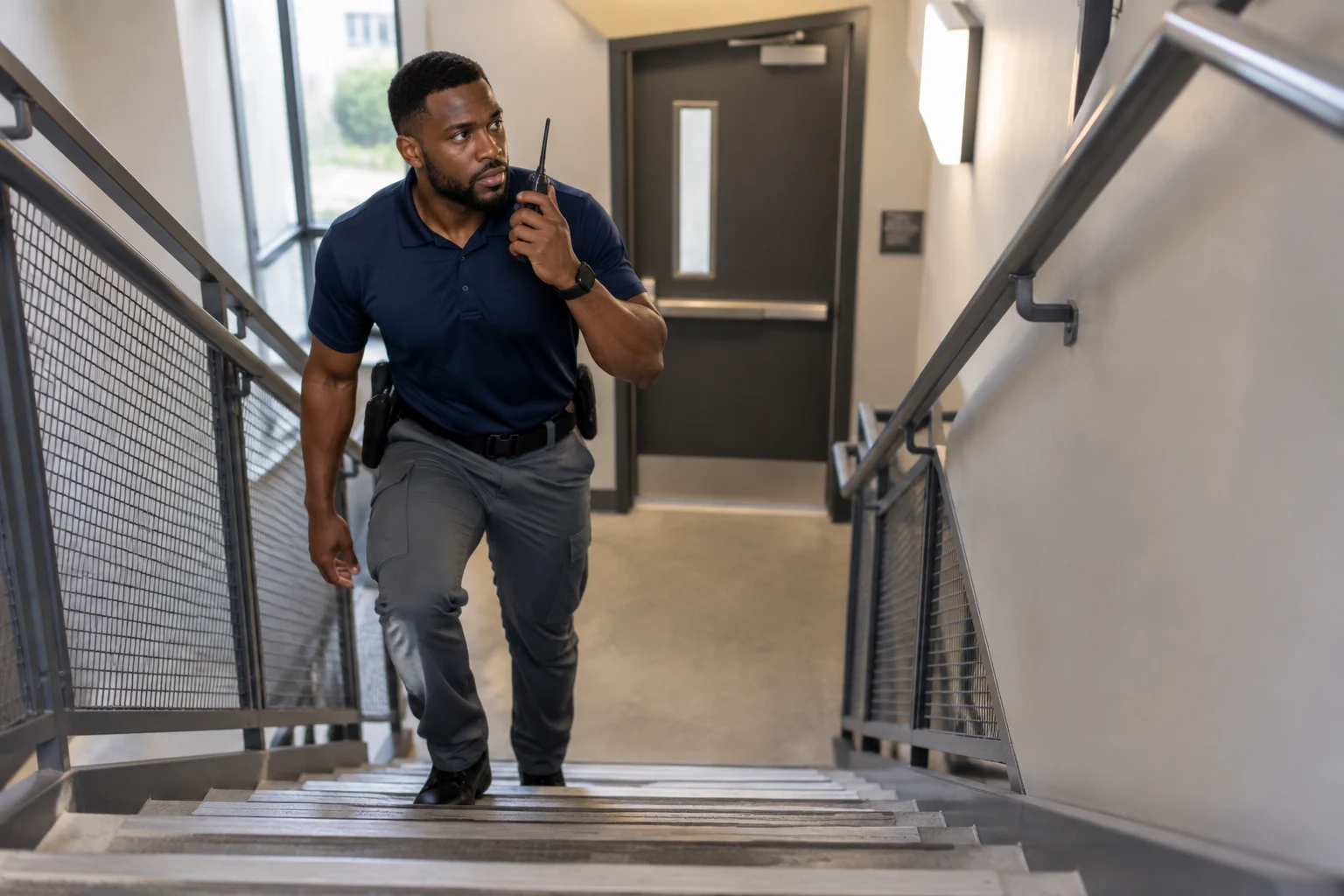 Unarmed security guard inspecting an office stairwell