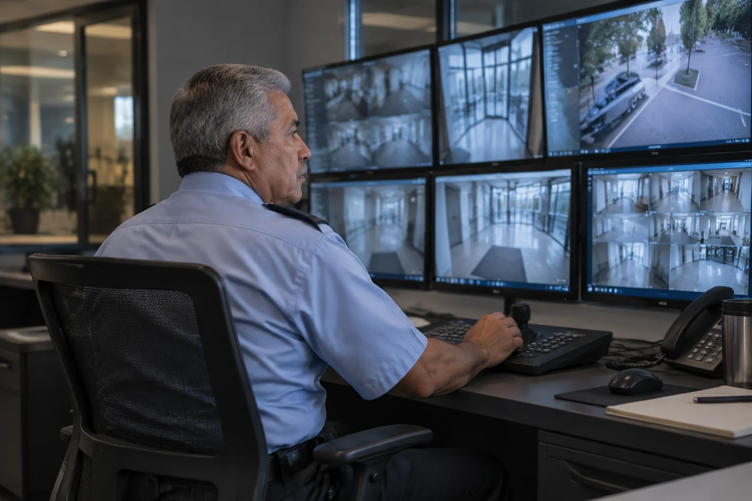 Security guard monitoring CCTV screens in a corporate control room