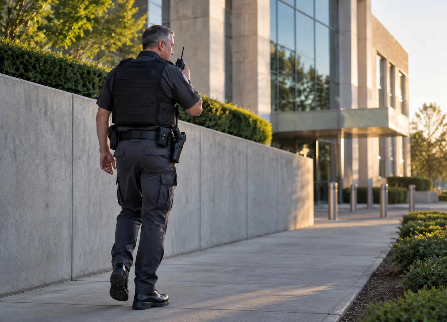 Armed security guard patrolling a financial facility