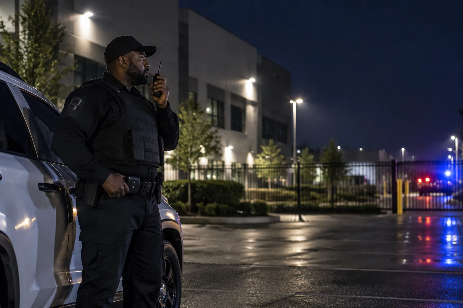 Security guard monitoring a commercial property perimeter at night