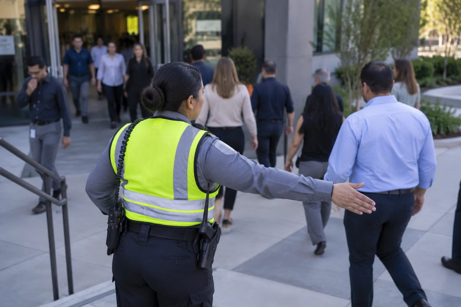Security officer assisting employees during a building evacuation drill