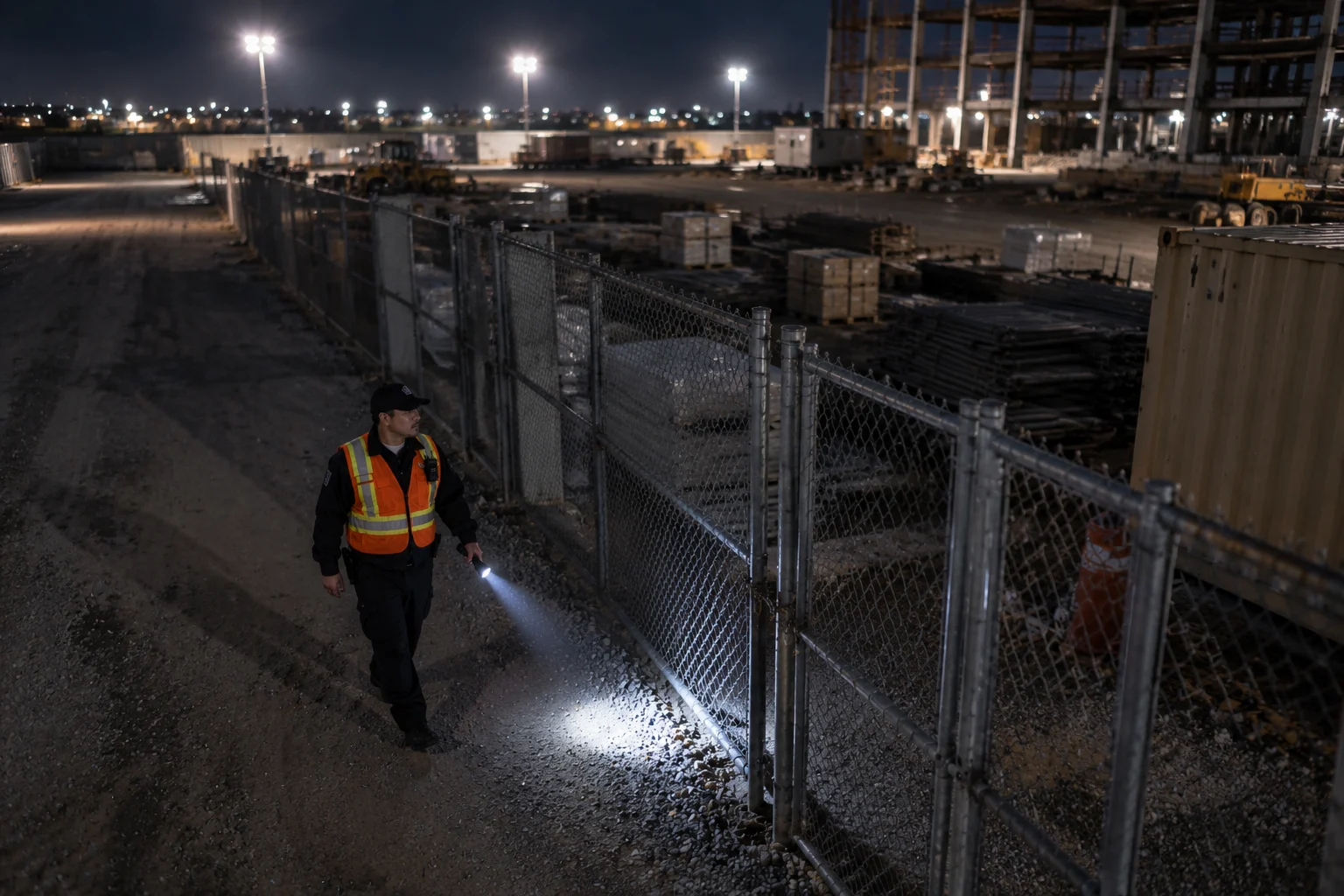 Security officer checking a construction perimeter fence and storage area during an overnight patrol