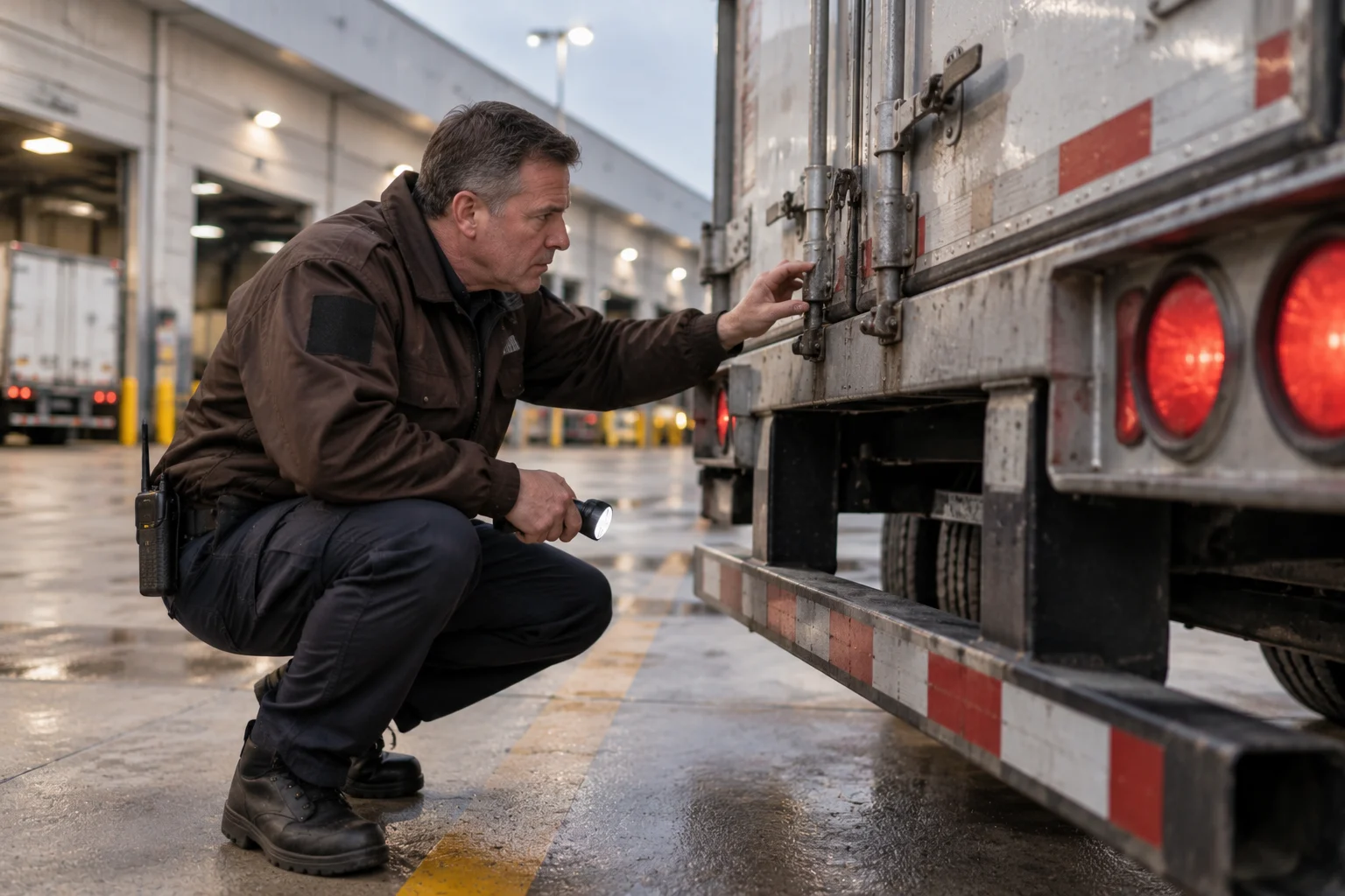 Security officer inspecting a delivery truck cargo seal at a distribution center