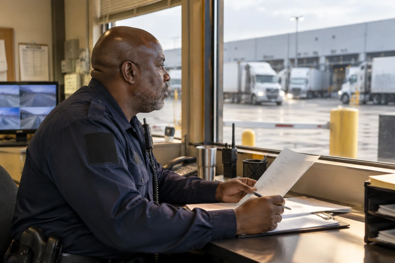 Logistics facility security guard reviewing delivery paperwork inside a warehouse gatehouse