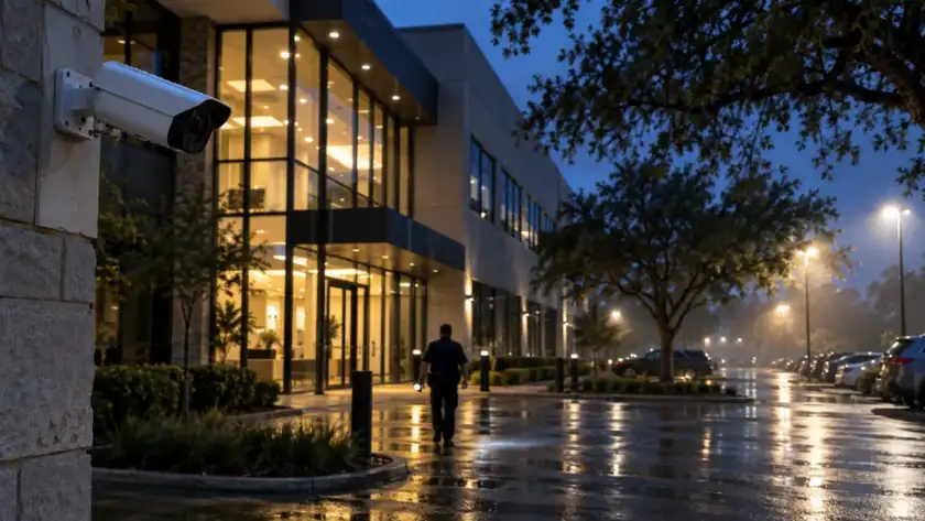 Security camera on a Houston office building at dusk while a guard walks to the entrance