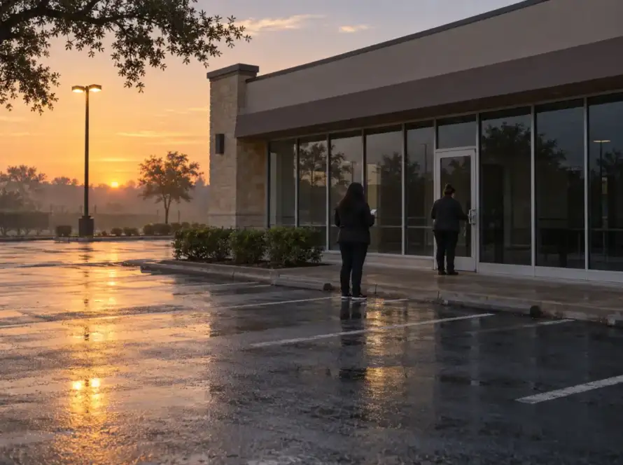 2 employees opening a Houston retail store at dawn, the first steps of a retail store opening checklist