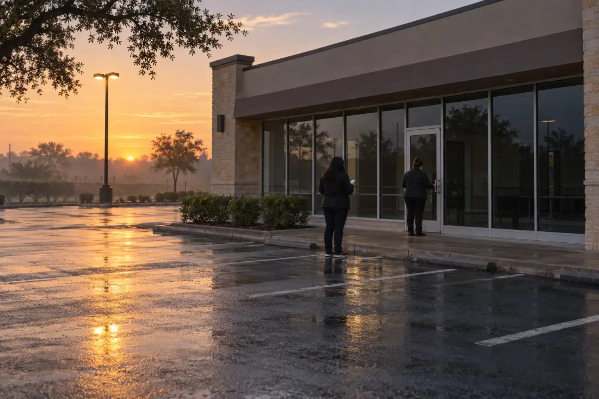 2 employees opening a Houston retail store at dawn, the first steps of a retail store opening checklist