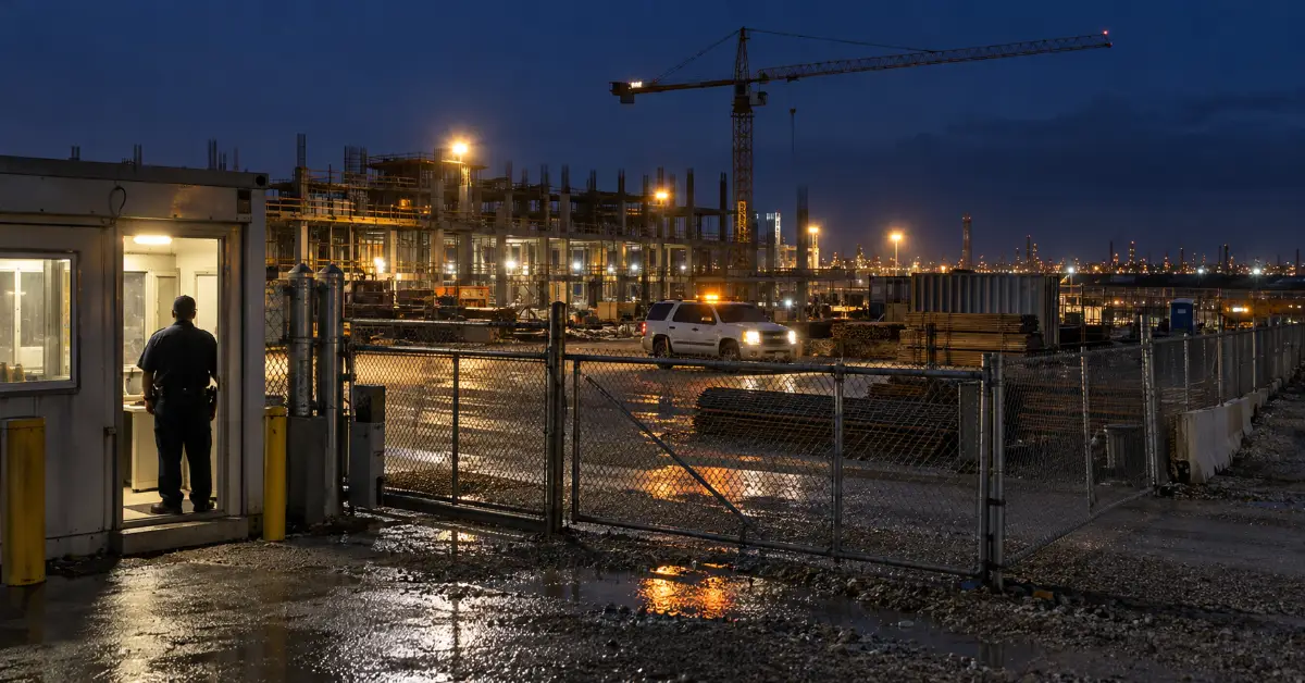 Static guard post at a construction site gate while a roving guard's vehicle patrols the fence line at night