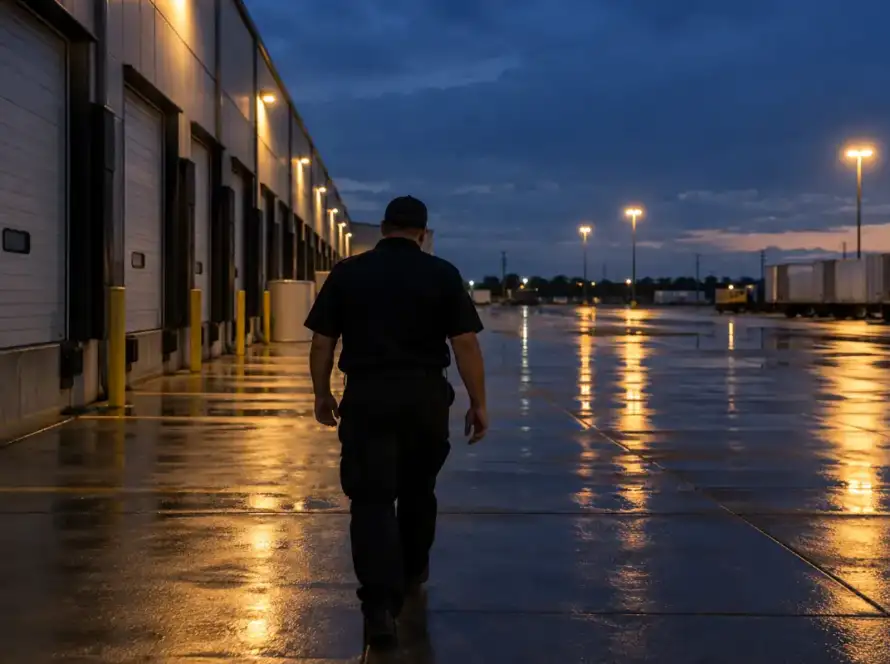 Security guard walking a Houston warehouse dock post at dusk