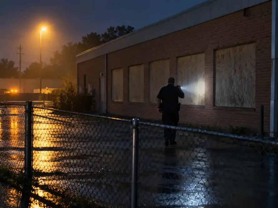 Security officer checking boarded windows of a vacant commercial building in Houston at night