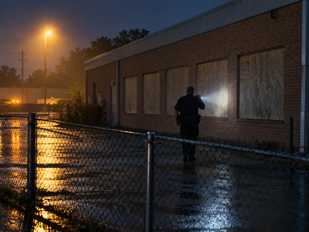 Security officer checking boarded windows of a vacant commercial building in Houston at night