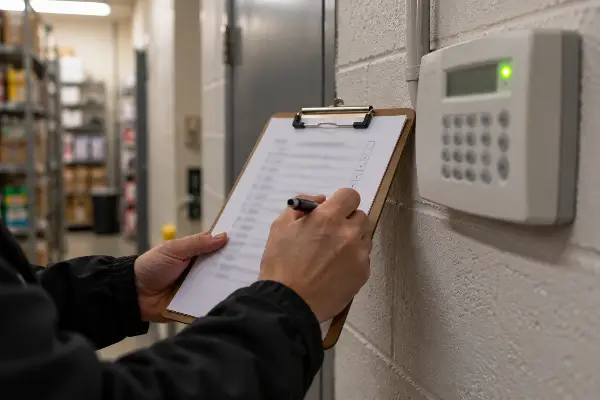 Employee initialing a retail store opening and closing checklist next to the alarm keypad